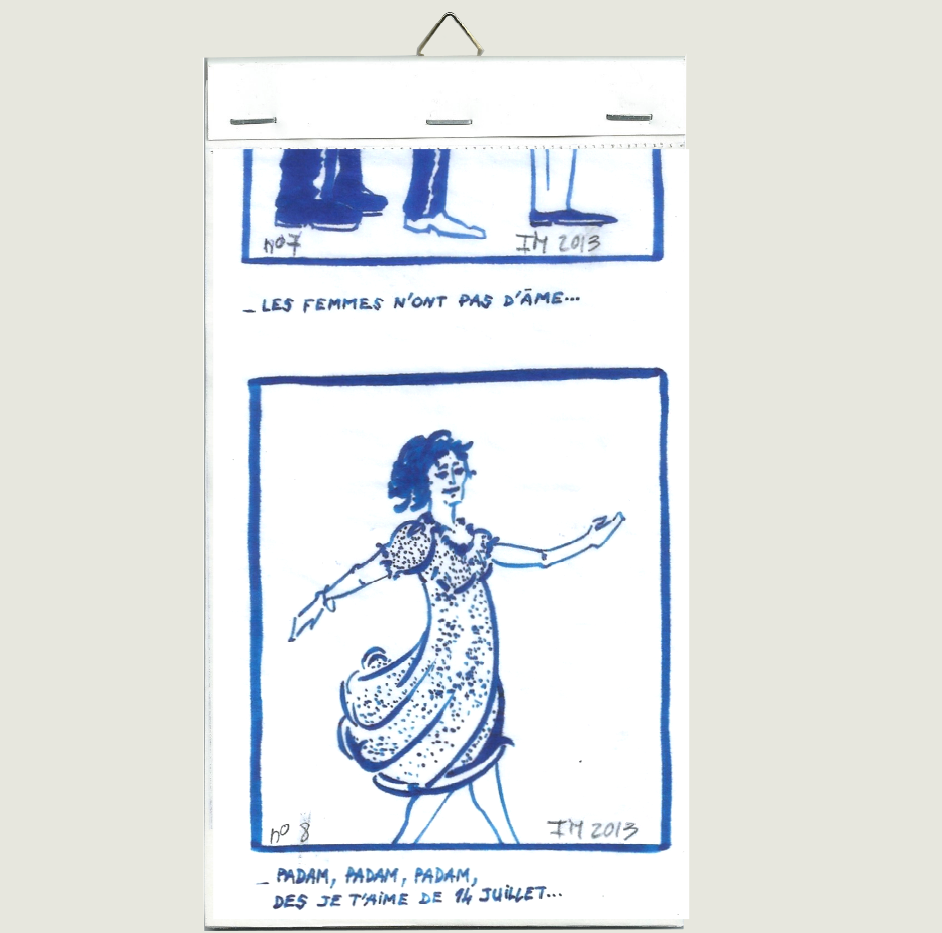dessin à l'encre bleue sur papillotte